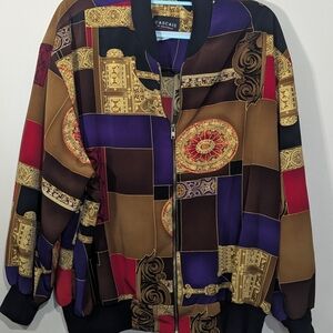 Vintage Baroque Print Bomber Jacket Womens 1X Oversized 90s Scarf Pattern Zip